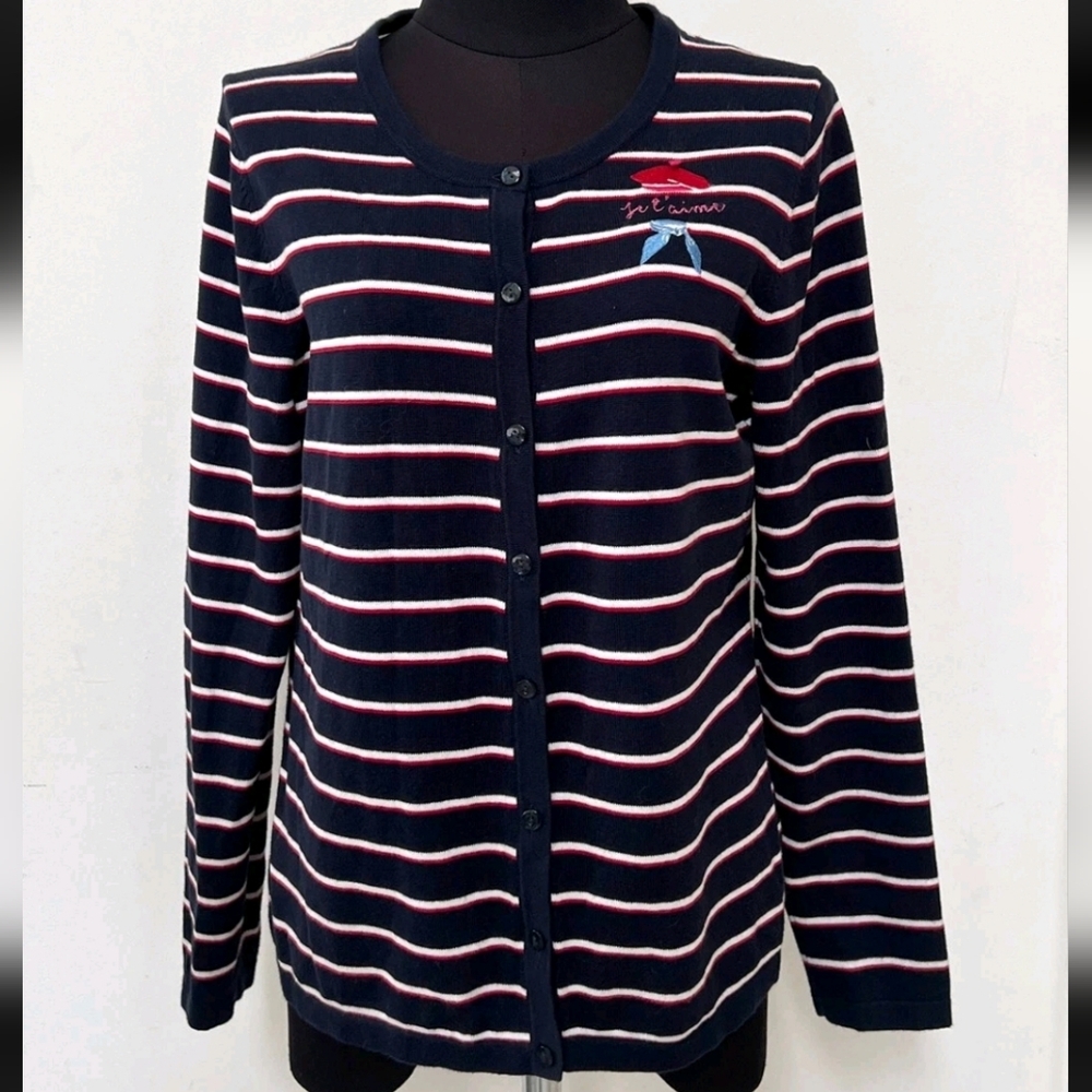 Talbots navy striped button up cardigan sweater Je T'aime womens size Mp